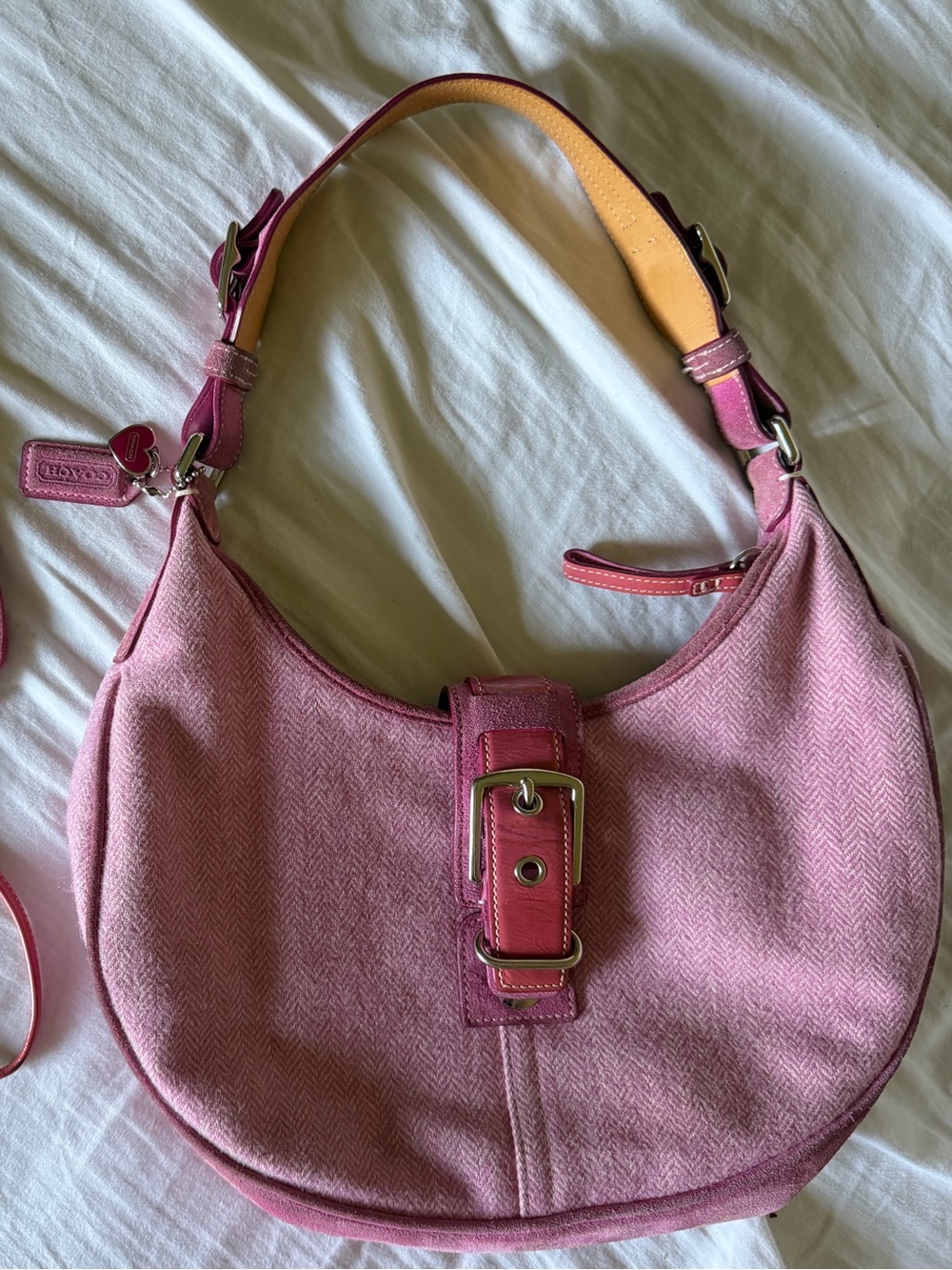 Coach Vintage Pink Herringbone Tweed Leather Hobo Handbag